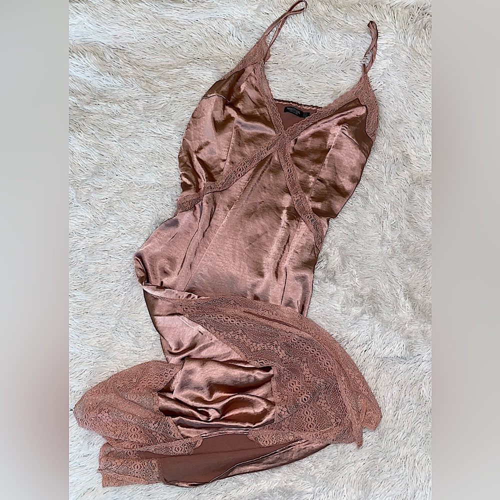 Beautiful Rose Gold, long, silky, slip dress with lace accents.